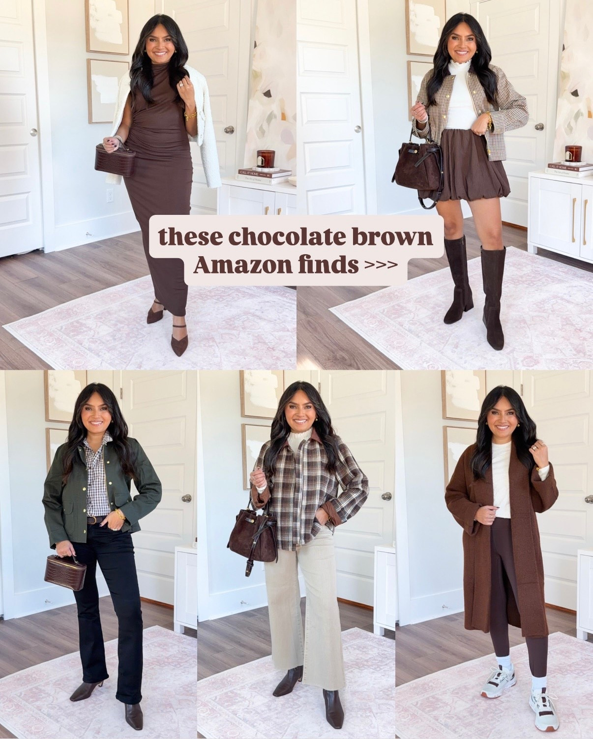 Chocolate Brown Amazon Finds
For reference: I’m 5’0, 32b bra size, and 2/26 in bottoms, pear shaped. 
*Everything I share is unaltered! TTS means true to size.

Brown coffee color maxi bodycon dress size small TTS
Tweed jacket is old, similar linked
Brown heels size 5 TTS

Plaid barn jacket size xs petite TTS
Mock neck white top size xs petite TTS
Brown bubble hem mini skort size xs TTS - I rolled the waistband inward so it wasn’t so high waisted
Chocolate brown suede boots size 6 TTS

Green barn jacket size xs petite TTS
Brown khaki plaid gingham shirt size xs TTS
Black bootcut jeans size 0 petite - I size down a size in this brand 
Dark brown leather boots size 5.5 TTS

Brown coffee plaid jacket size small TTS
Tan jeans size 0 petite - I size down a size in this brand
Mock neck white top size xs petite TTS
Dark brown leather boots size 5.5 TTS

Brown coatigan size small TTS
Tee size xs TTS
Hot fudge brown leggings size small 25” length TTS
Brown and white in ice/mulberry color sneakers size 6.5 TTS


chocolate brown outfit
fall amazon finds
amazon fall fashion
fall outfit ideas
brown fall aesthetic
elevated fall style
neutral fall wardrobe
affordable fall outfits
capsule wardrobe fall
brown sweater outfit
amazon fashion finds
cozy fall outfit
petite friendly fashion
brown fall looks
fall style inspiration
everyday fall outfits
petite friendly pieces
Rachel Miranda Blog
Honeysweetpetite
Honey Sweet Petite


#LTKPetite #LTKFindsUnder50 #LTKStyleTip