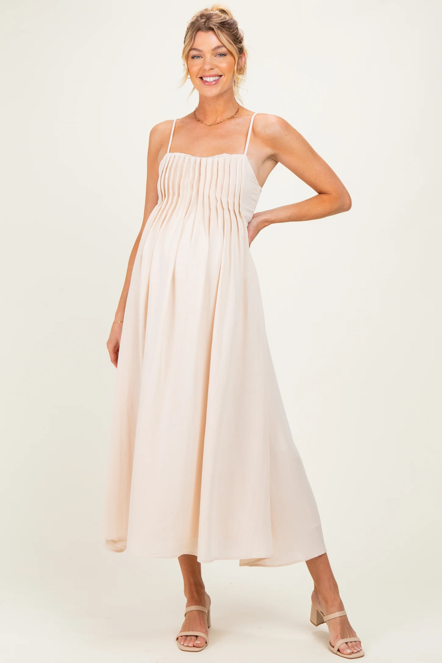 Dark Brown Pintuck Detail Sleeveless Maternity Maxi Dress | PinkBlush Maternity