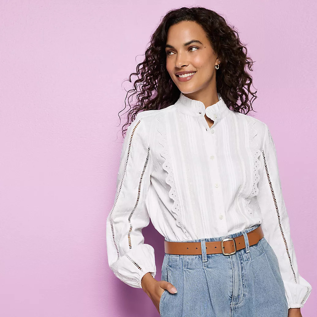 Women's Ruffle Neck Button Front Shirt | Lands' End (US)