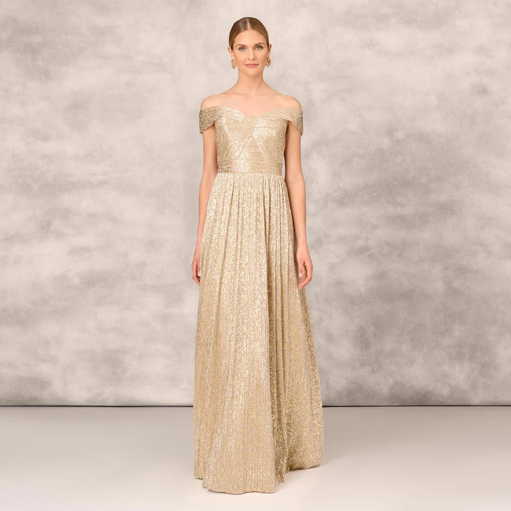 Off The Shoulder Metallic Foiled Metallic Pleated Mesh Long A-Line Ball Gown In Gold | Adrianna Papell