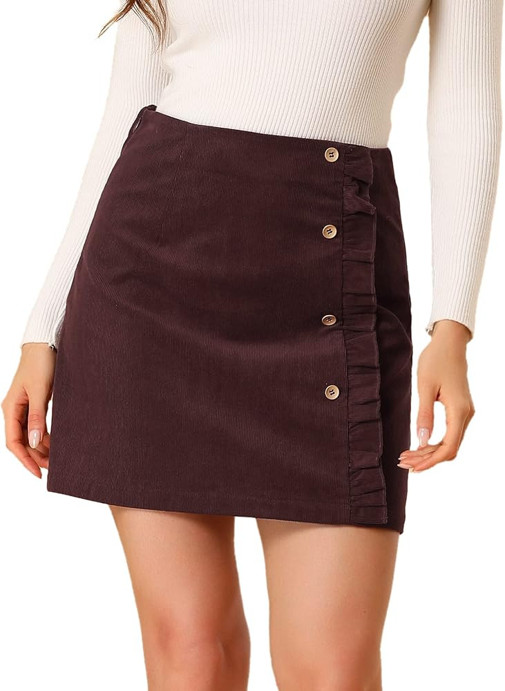 Allegra K Women's Corduroy Vintage Button Decor Ruffled Trim High Waist Short Skirt | Amazon (US)