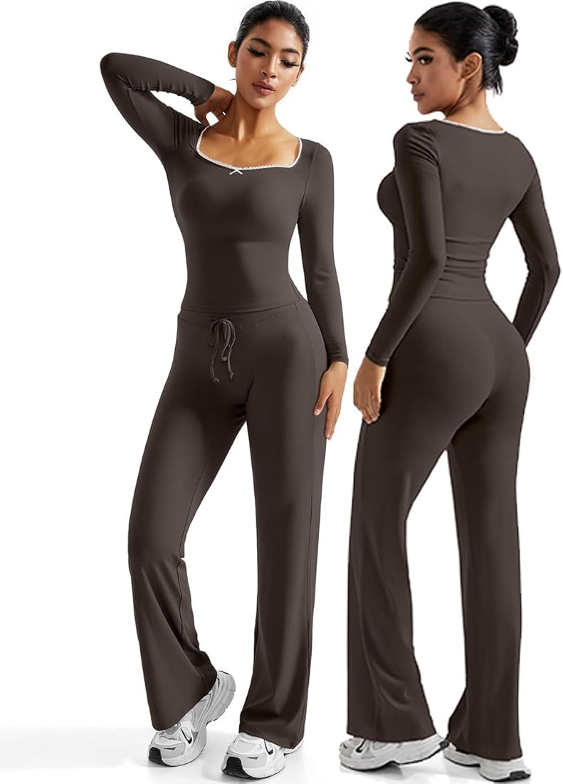 OMKAGI Womens Lounge Set Lace Square Neck Long Sleeve Tops Wide Leg Pants 2 Piece Outfits | Amazon (US)