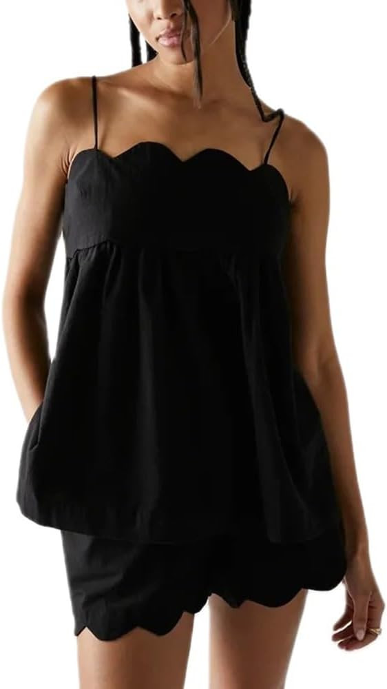ROAONOCOMO Women 2 Piece Lounge Shorts Set Spaghetti Strap Peplum Cami Top Babydoll Pj Set Casual... | Amazon (US)