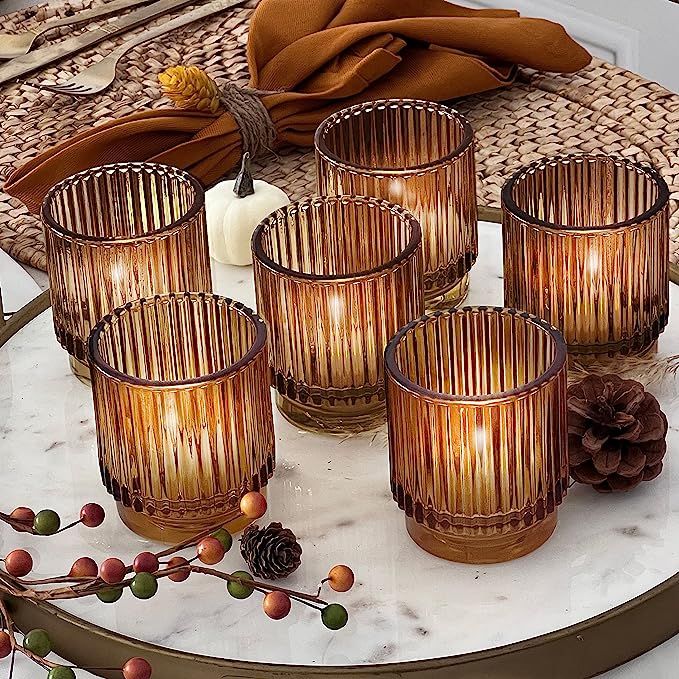 Kate Aspen Vintage Ribbed Amber Glass Tealight & Votive Candle Holders (Set of 6), Fall Decor, Bo... | Amazon (US)