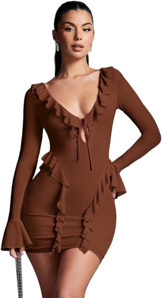 Dresses for Women 2024 V Neck Ruffled Hem Bodycon Dress Fashion Mini Short Dress | Amazon (US)