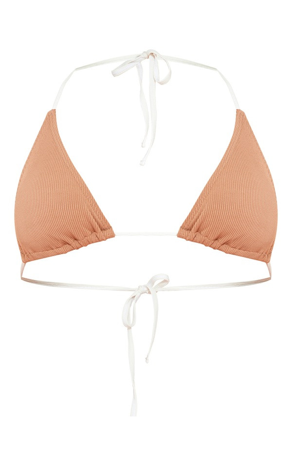 Beige Contrast Binding Ribbed Triangle Bikini Top | PrettyLittleThing US