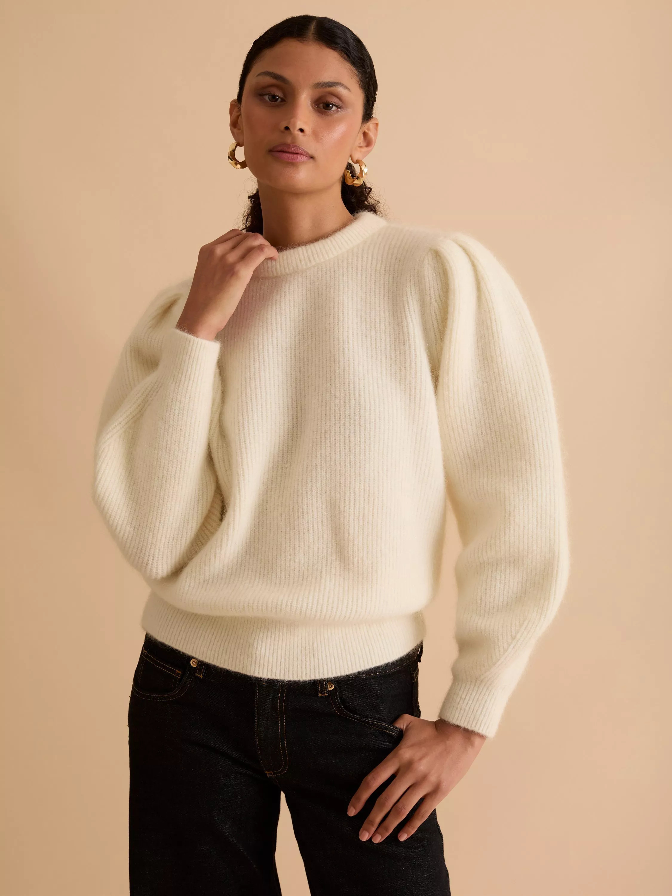 FLORERE Tie Back Ribbed Wool Rich Jumper, White | John Lewis (UK)