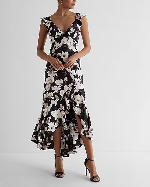 Satin Floral Ruffle Hi-Lo Maxi Dress | Express