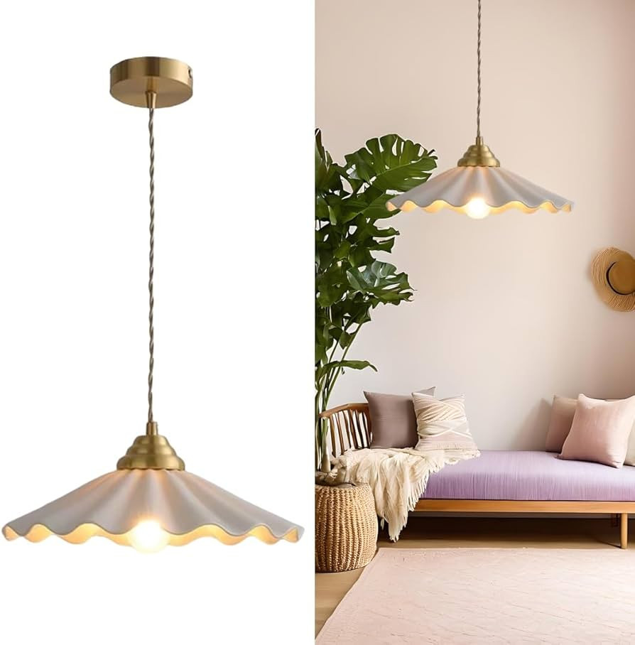 Elegant Ceramic Pendant Light, Modern Porcelain Hanging Lamp with Brass Accent, White Scalloped C... | Amazon (US)