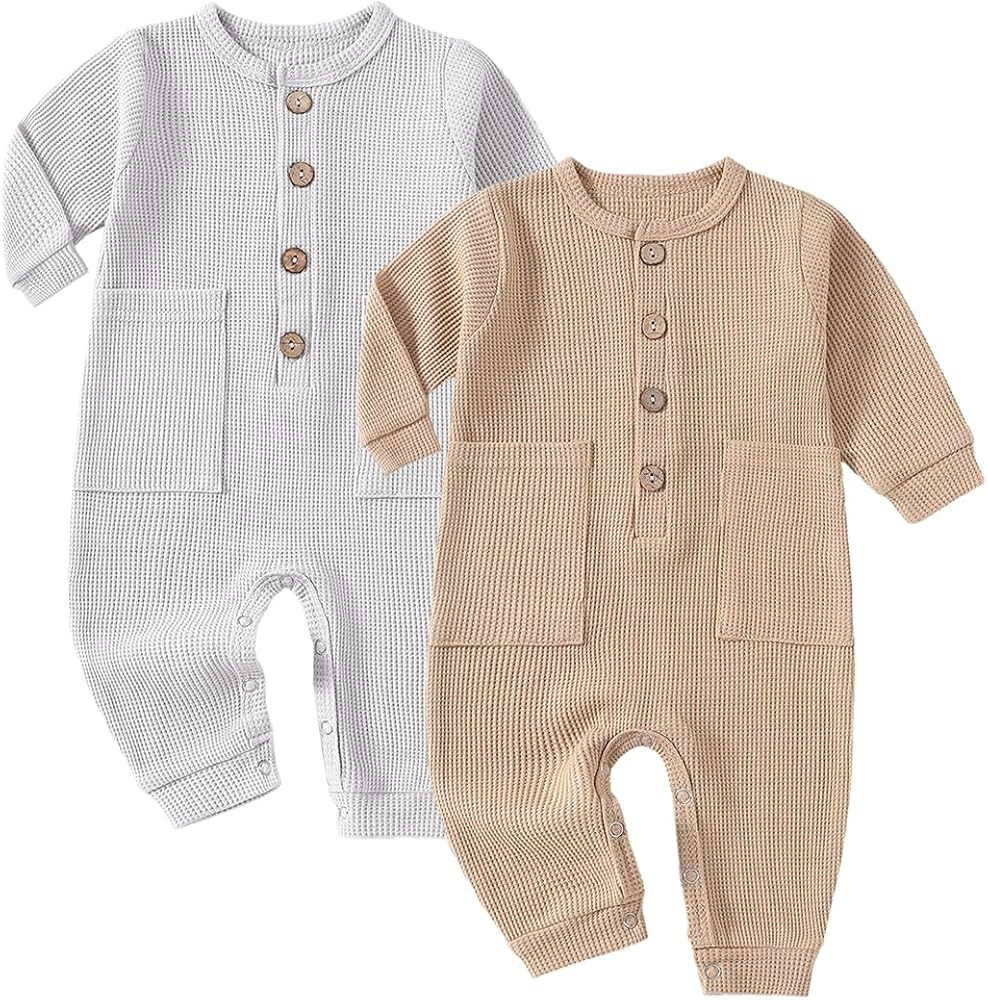 Baby Boys Girls 2 Pack Solid Romper Ribbed Long Sleeve One-Piece Knit Cotton Jumpsuit Outfits Clo... | Amazon (US)