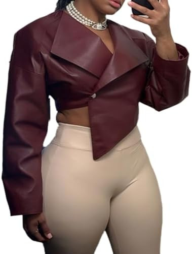 RISCUYY Cropped Jacket Women Faux Leather Irregular Hem Lapel Long Sleeve Burgundy Cropped Leathe... | Amazon (US)