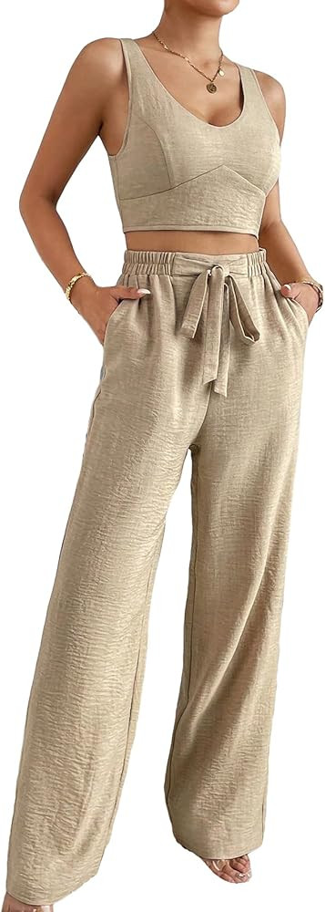 WDIRARA Women's 2 Piece Outfits V Neck Sleeveless Shirred Tank Top and Tie Front Pants Set | Amazon (US)