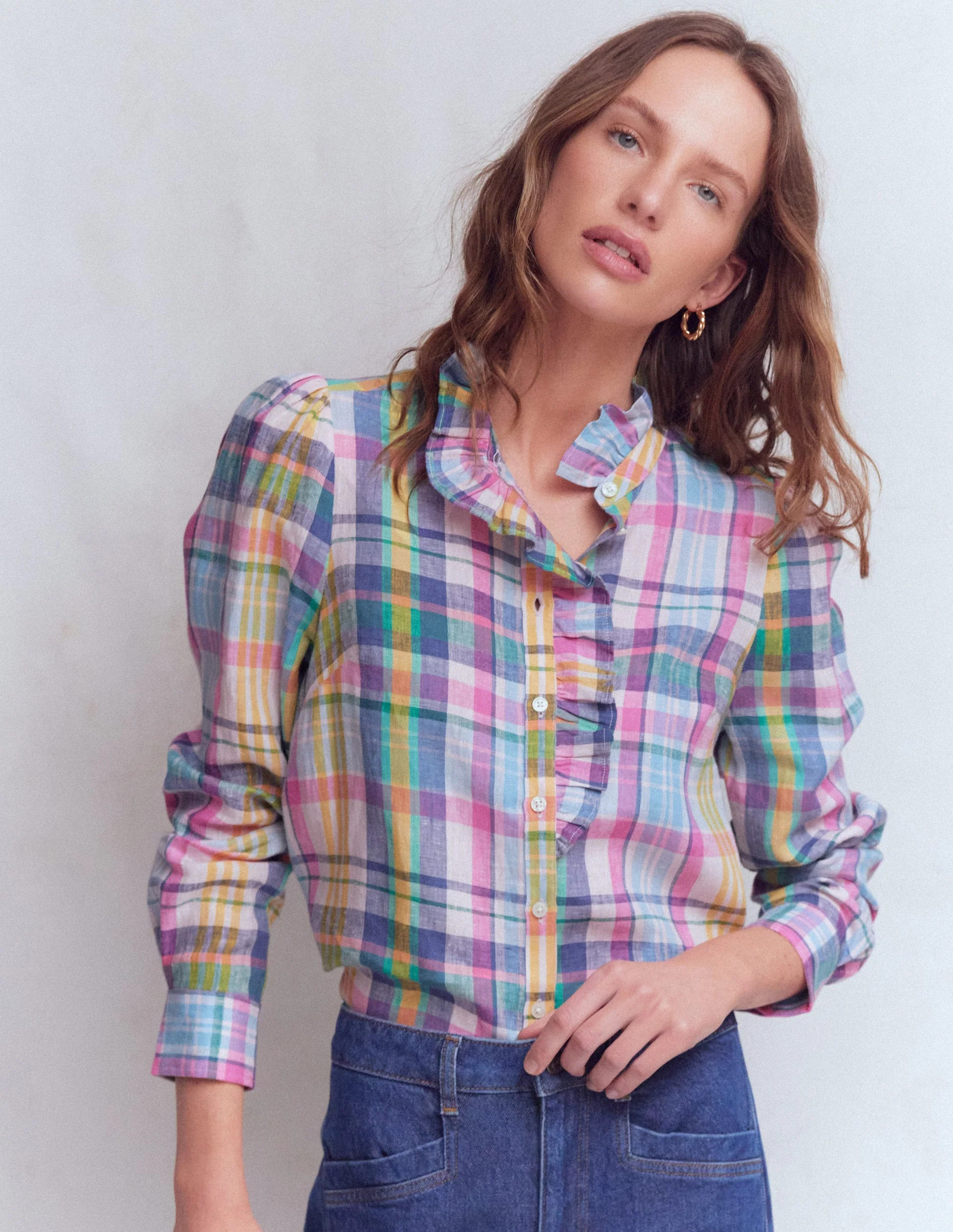 Isabel Ruffle Linen Shirt-Multi Check | Boden (US)
