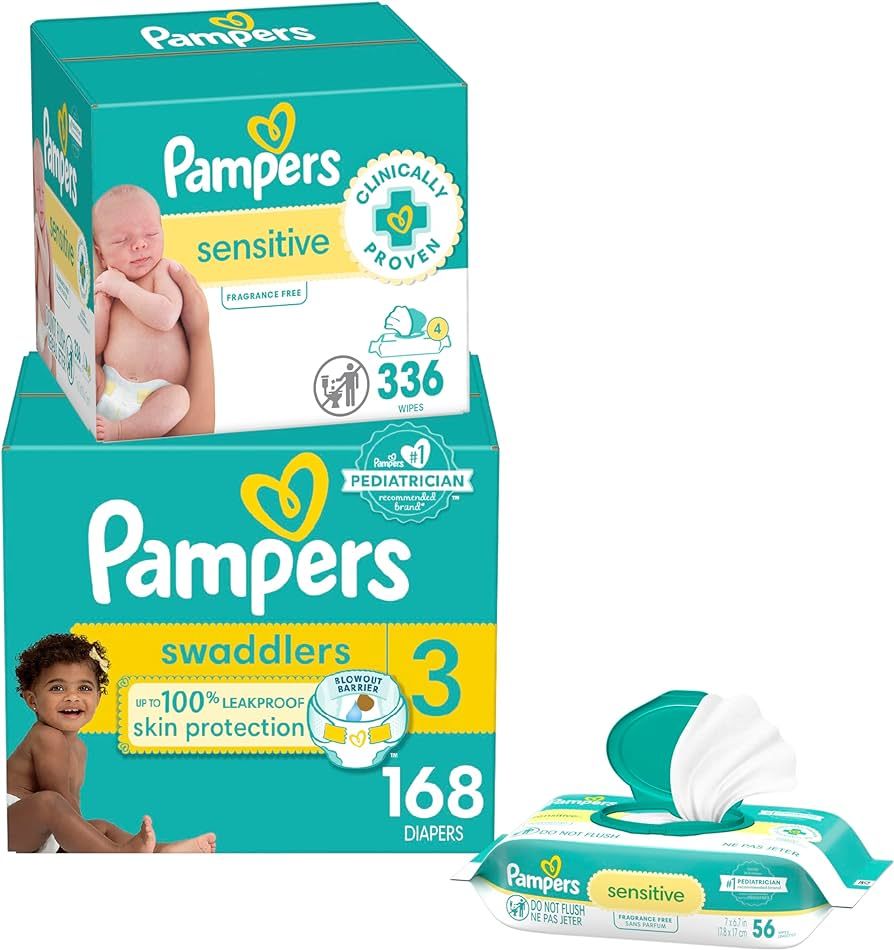 Diapers Size 3, 168 Count and Baby Wipes - Pampers Swaddlers Disposable Baby Diapers and Water Ba... | Amazon (US)