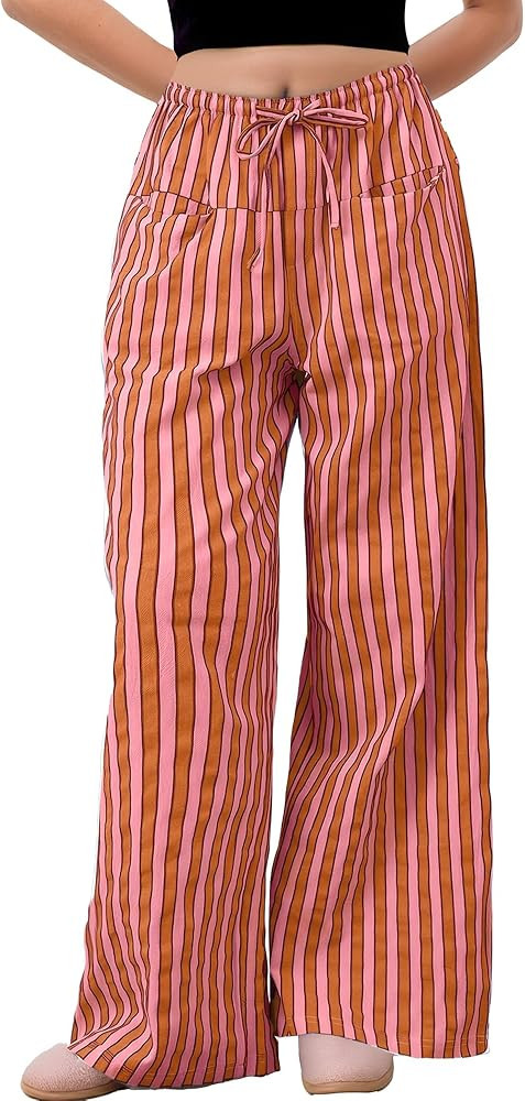 SEAUR Womens Drawstring Striped Pants Loose Wide Leg Lounge Pants Casual Trousers Soft Pajama Bot... | Amazon (CA)