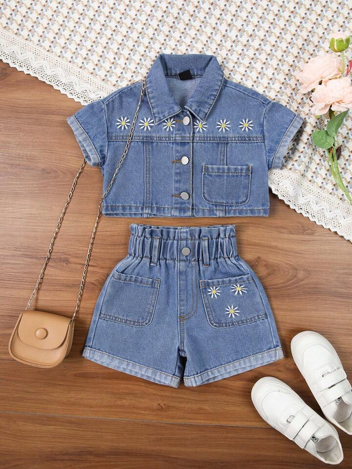 Baby Girl Frayed + Embroidery Denim Shorts Set | SHEIN
