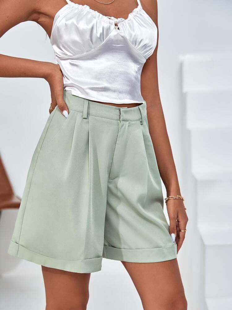 Slant Pocket Fold Pleated Shorts | SHEIN