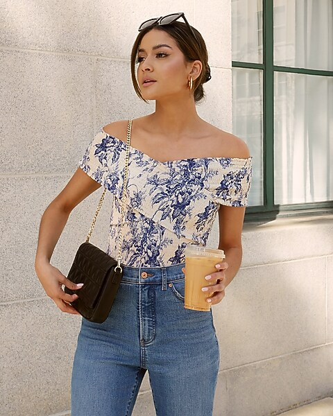 Floral Smocked Off The Shoulder Wrap Cropped Top | Express