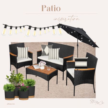 This patio inspiration includes a black patio set paired with a neutral outdoor rug, an led solar  lighted umbrella, string lights, black and white pillows, a set of black pots, and faux plants. 

Outdoor living, Amazon home, outdoor lights, solar lights

#LTKhome #LTKstyletip #LTKfindsunder50