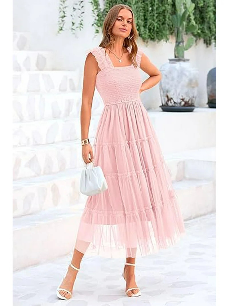 PRETTYGARDEN Women's Midi Tulle Dress Sleeveless Smocked Square Neck Ruffle Flowy Party Wedding G... | Walmart (US)