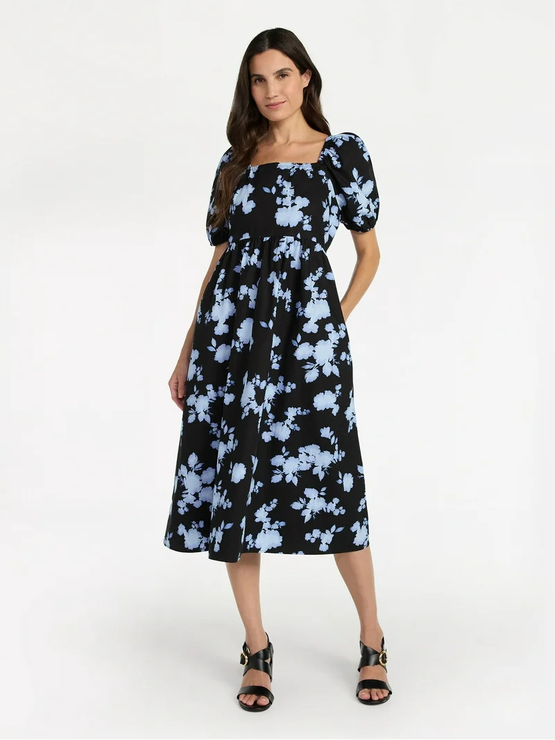 Time and Tru Women's Midi Dress with Puff Sleeves, XS-XXXL | Walmart (US)