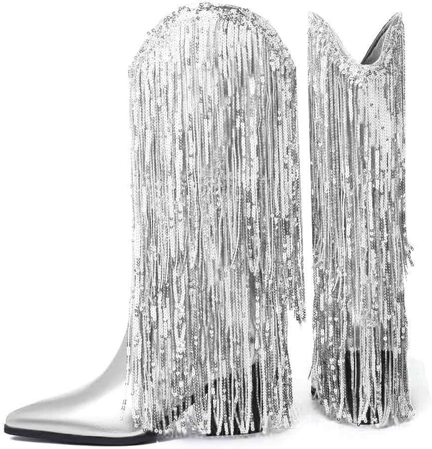 MissHeel Metallic Sequin Fringe Mid Calf Cowboy Boots for Women | Amazon (US)