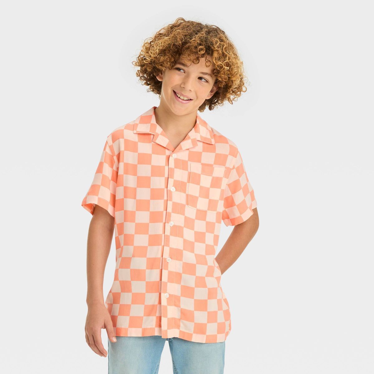 Boys' Short Sleeve Checkered Button-Down Shirt - Cat & Jack™ Peach Orange | Target