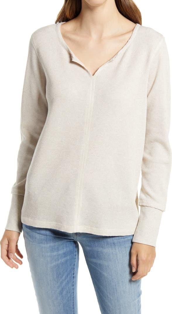 Split Neck Organic Cotton Blend Thermal Knit Top | Nordstrom