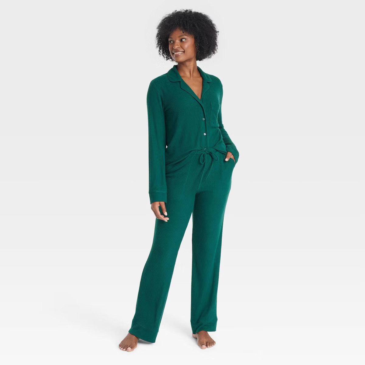 Women's Cozy Ribbed Long Sleeve Notch Collar Shirt and Pants Pajama Set - Auden™ | Target