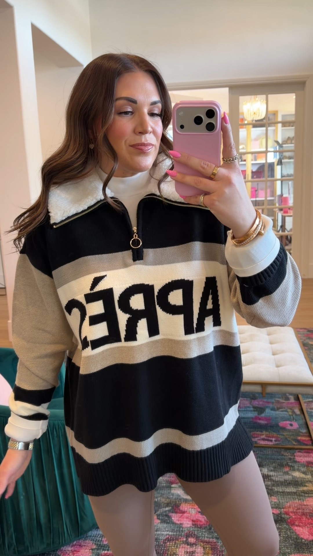 curvy midsize apres ski winter cozy look! wearing size large in sweater for an oversized look and size 10 in leggings. love the shearling collar! 

#LTKSeasonal #LTKMidsize