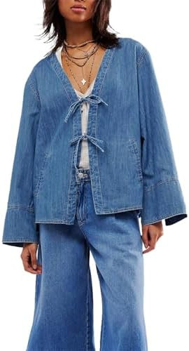 LifeShe Jean Jacket Women Tie Front Top Loose Wide Sleeve Denim Shacket Lightweight V Neck Coat | Amazon (US)