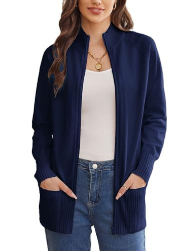 GRACE KARIN Long Sleeve Zipped Blue Cardigan Sweaters for Women with Pockets Knitted Zip Up Sweater Jacket for Women M | Amazon (US)