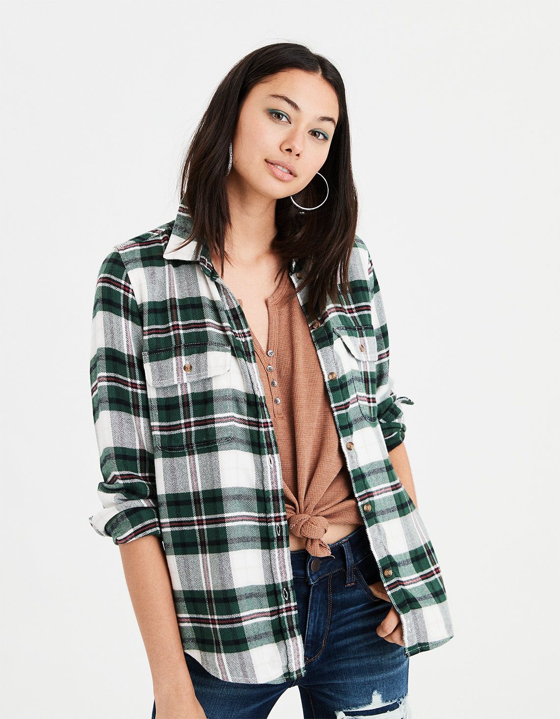 AE Ahhmazingly Soft Flannel Shirt Jacket, Green | American Eagle Outfitters (US & CA)