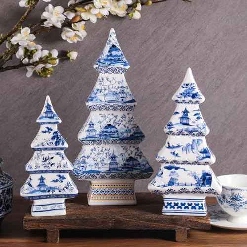 Bucherry 3 Pcs Chinoiserie Christmas Tree Porcelain Table Decoration - Vintage Blue White Ceramic... | Amazon (US)