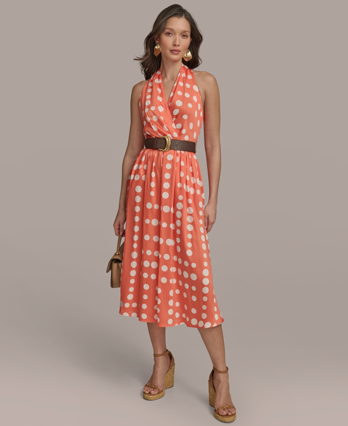 Donna Karan New York Women's Polka-Dot Belted A-Line Dress - Spring Melon Cream | Macy's