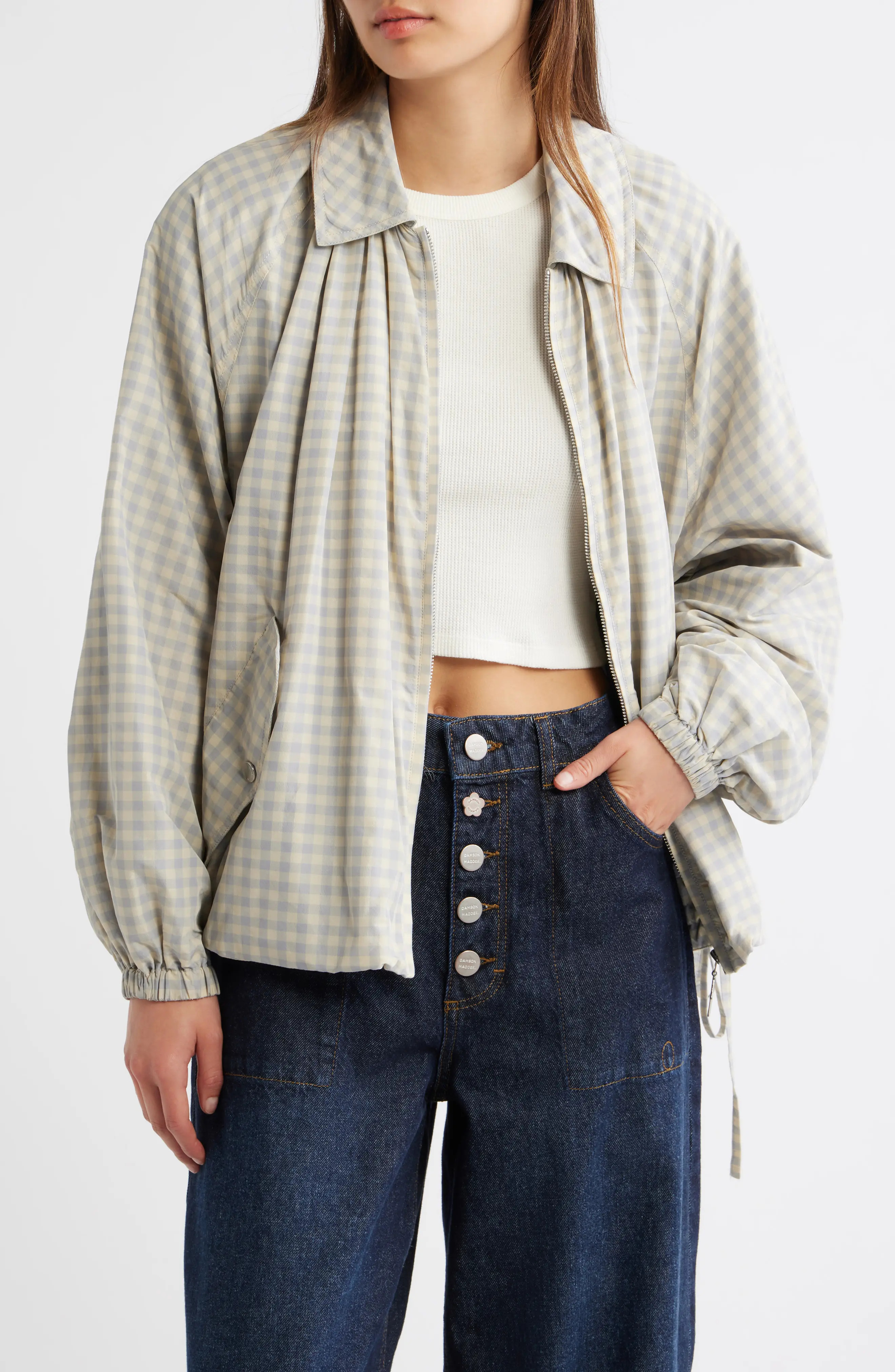 Damson Madder Lailah Gingham Lightweight Bomber Jacket in Grey at Nordstrom, Size 4 | Nordstrom