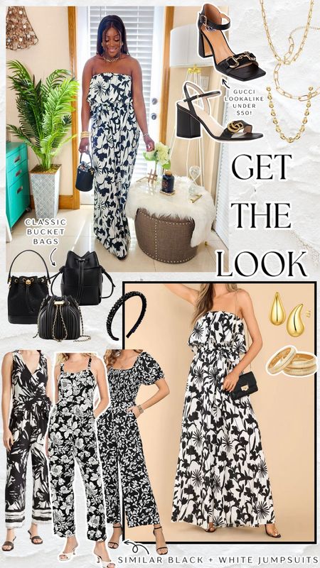 Get the look - lots of similar black and white jumpsuits for summer! 

#floraljumpsuit

Black and white floral jumpsuit. Black bucket bag. Resort wear. Neutral vacation outfit. Gucci heels. Black Gucci inspired heels  

#LTKstyletip #LTKSeasonal #LTKfindsunder100