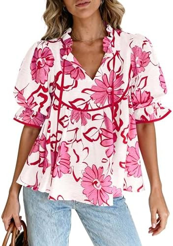 PRETTYGARDEN Womens Summer Tops 2026 Cute Puff Sleeve Ruffle V Neck Babydoll T-Shirts Boho Floral... | Amazon (US)