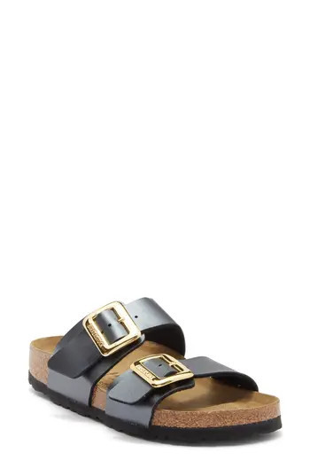 Birkenstock Sydney Luxe Buckle Slide Sandal in Black Metallic at Nordstrom Rack, Size 41 | Nordstrom Rack
