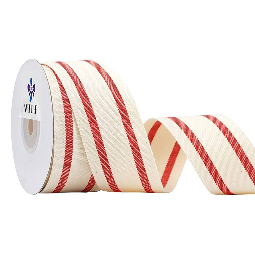 MEEDEE Natural Cotton Stripes Fabric Ribbon 1-1/2 inch Red and White Stripe Ribbon for DIY Crafts... | Amazon (US)