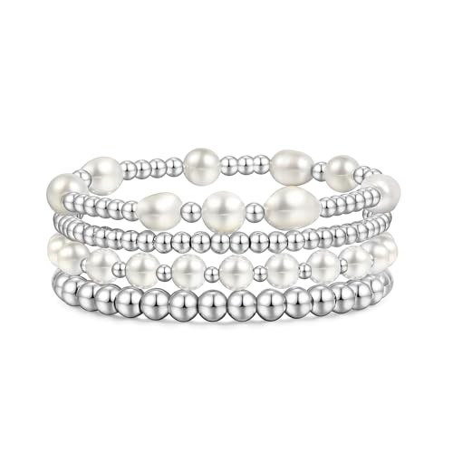 Silver Pearl Beaded Bracelets for Women Baroque Pearl Stackable Stretch Bead Ball Bracelet Jewelry Gifts （4PCS) | Amazon (US)