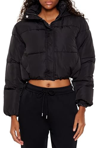 Forever 21 Hooded Cropped Puffer Jacket Black Large | Amazon (US)