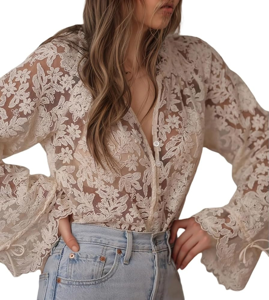 Boho Dressy Embroidered Shirts for Women | Bell Sleeve V Neck Buttons Blouses | Hollow Out Lace T... | Amazon (US)