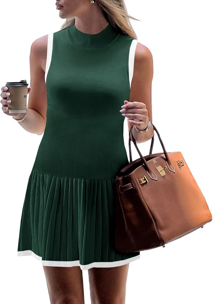 Wenrine Womens Sleeveless Summer Mini Dress Mock Neck Ribbed Knit Ruffle Pleated Casual Tank Dres... | Amazon (US)