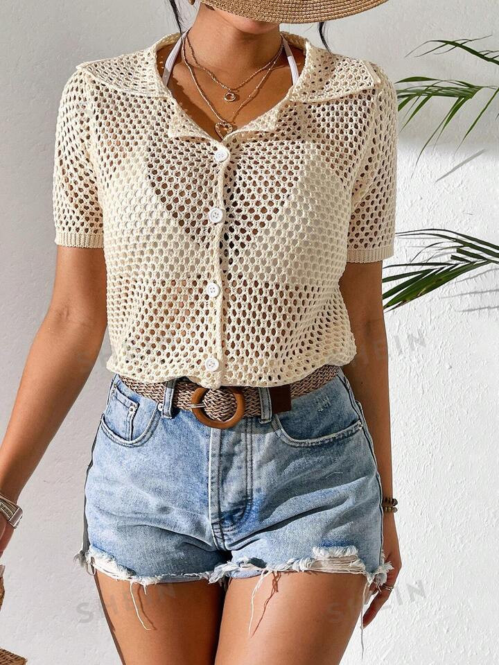 SHEIN VCAY Hollow Knit Button-Down Short-Sleeve Cardigan | SHEIN