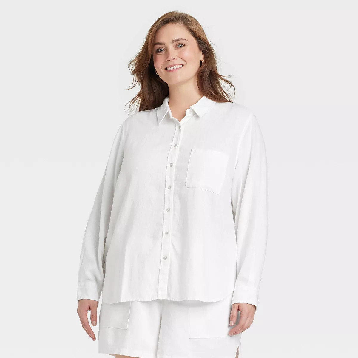 Women's Long Sleeve Collared Linen Button-Down Shirt - Universal Thread™ White XXL: Relaxed Fit... | Target