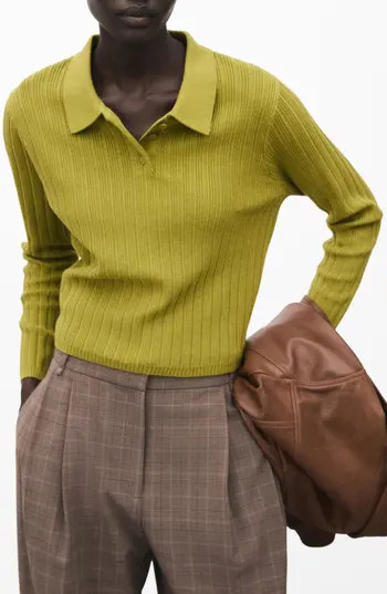 MANGO Rib Long Sleeve Polo Sweater in Green at Nordstrom Rack, Size Medium | Nordstrom Rack