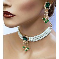 Pearl Bridal Jewelry Set, Emerald Green Victorian Choker Earrings Prom Indian Jewelry, Kundan Bollyw | Etsy (US)