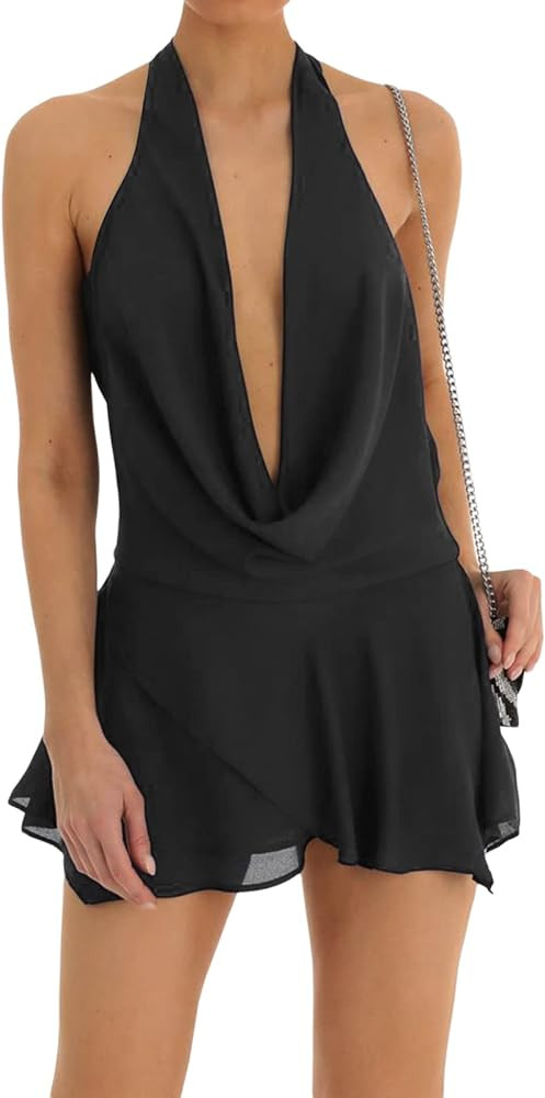 Women Halter V Neck Mini Dress Sexy Sleeveless Backless Slim Fit Party Club Short Dress Y2K Beach... | Amazon (US)