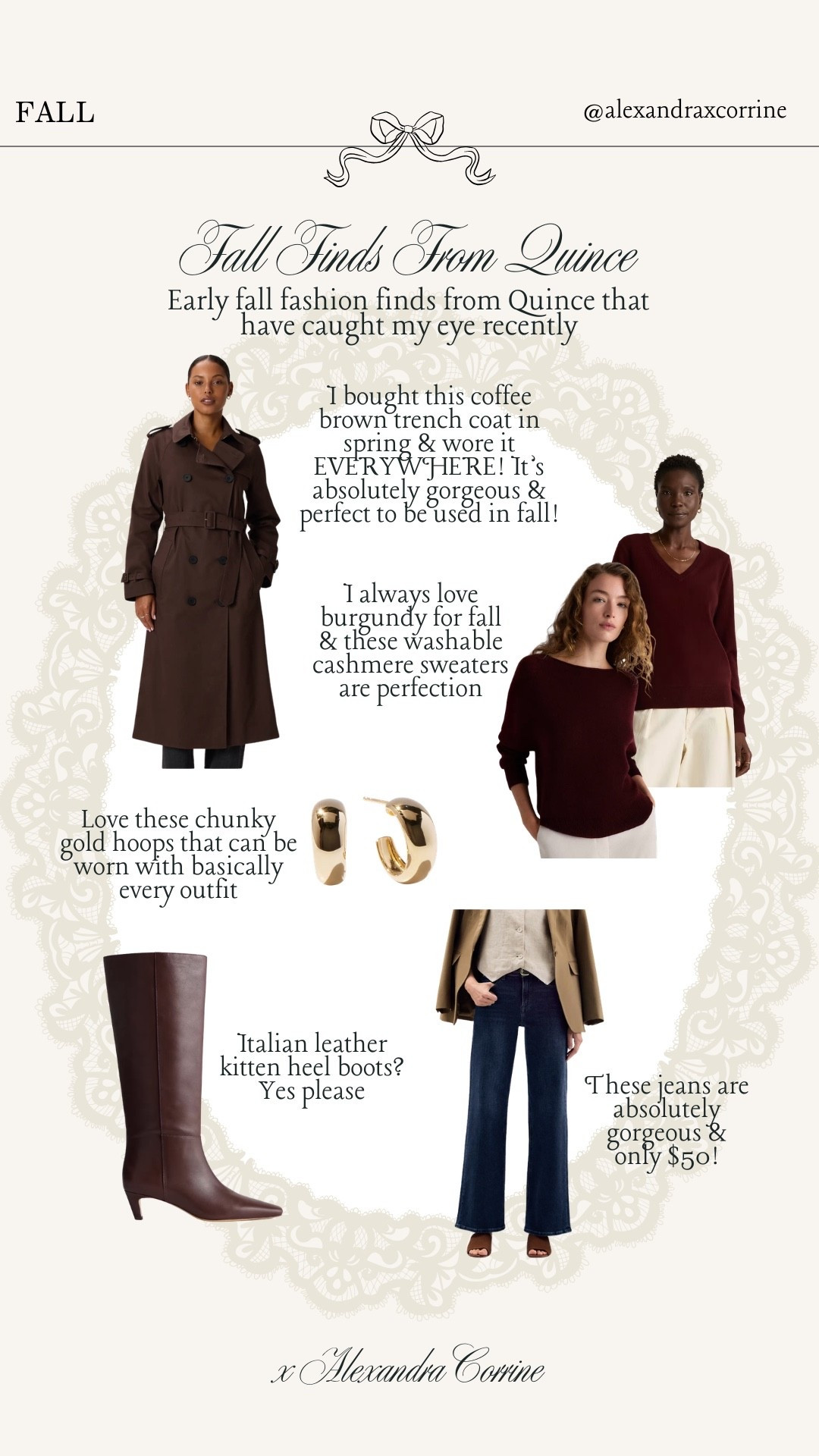 Fall finds from Quince 🍂 early fall fashion finds from Quince that have caught my eye recently 🤎

Quince, women’s fall fashion finds, chic fall style, espresso brown, burgundy, leather, trench, sweater, jeans, boots, fall outfit ideas, cashmere

#LTKSeasonal #LTKootd